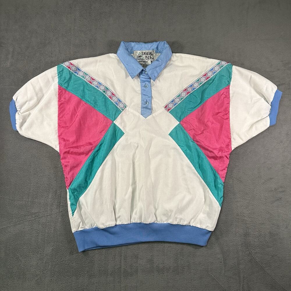VTG 80s Casual Isle Colorblock White Pink Turquoise Teal Polo Top Women Petite M